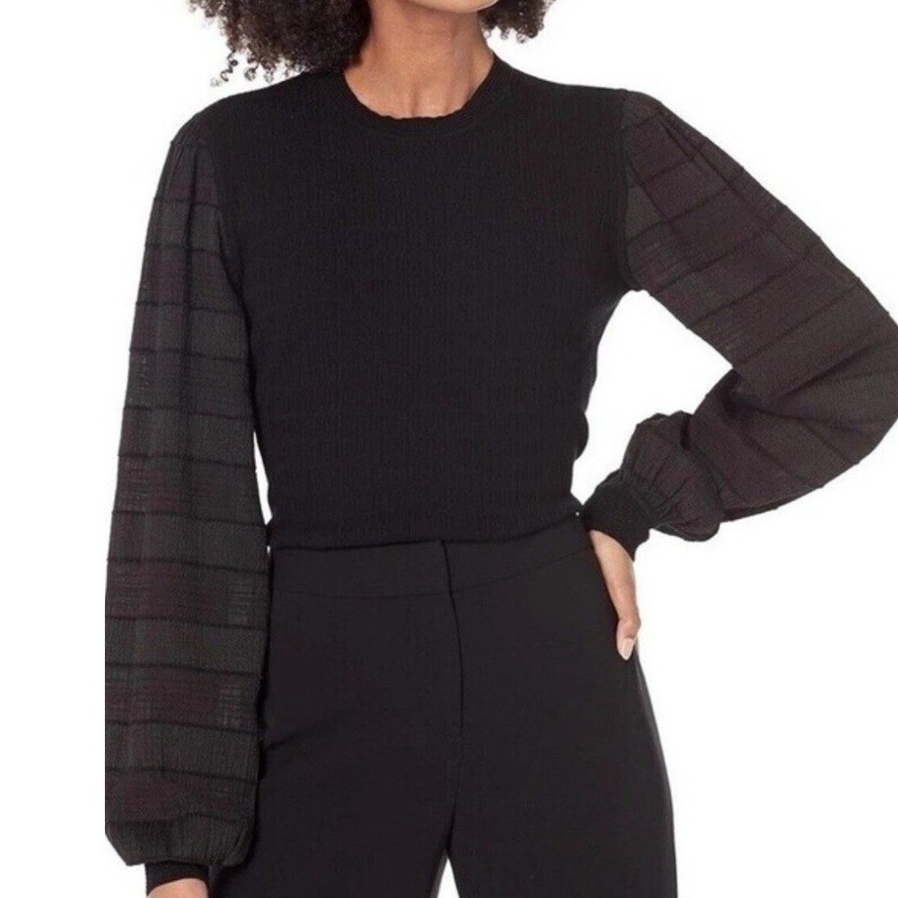 Club Monaco Black Woven Sheer Balloon Bandage Sleeve Women's Blouse | Size M